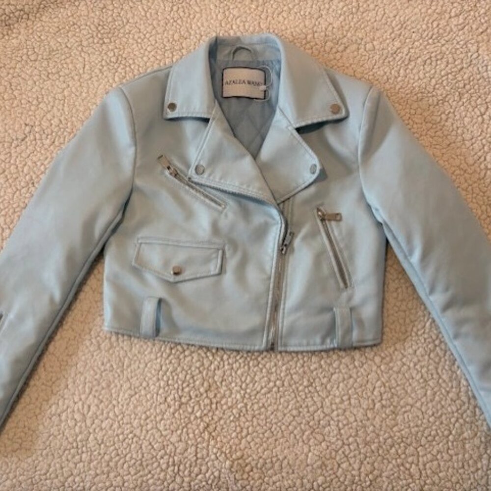 Azalea Wang Light Blue Faux Leather Moto Jacket Size S with Zipper Accents